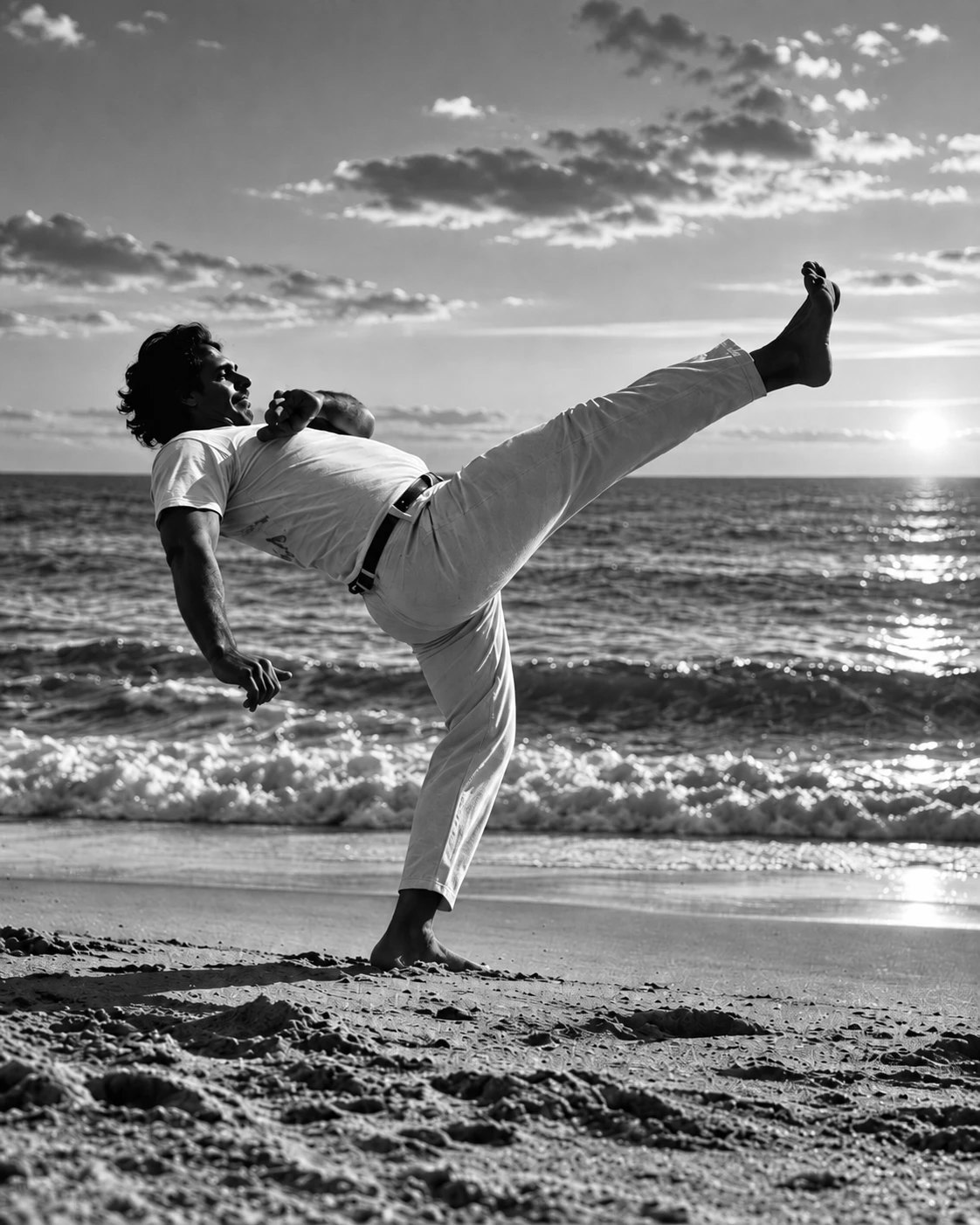 Mestre Dunga aplicando um chute de capoeira na beira da praia, ao pôr do sol