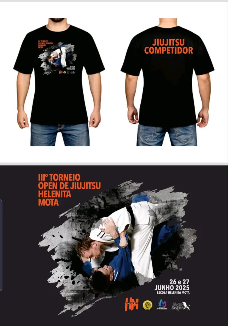 Camisas pretas Jiujitsu Competidor e cartaz do III Torneio Open Helenita Mota