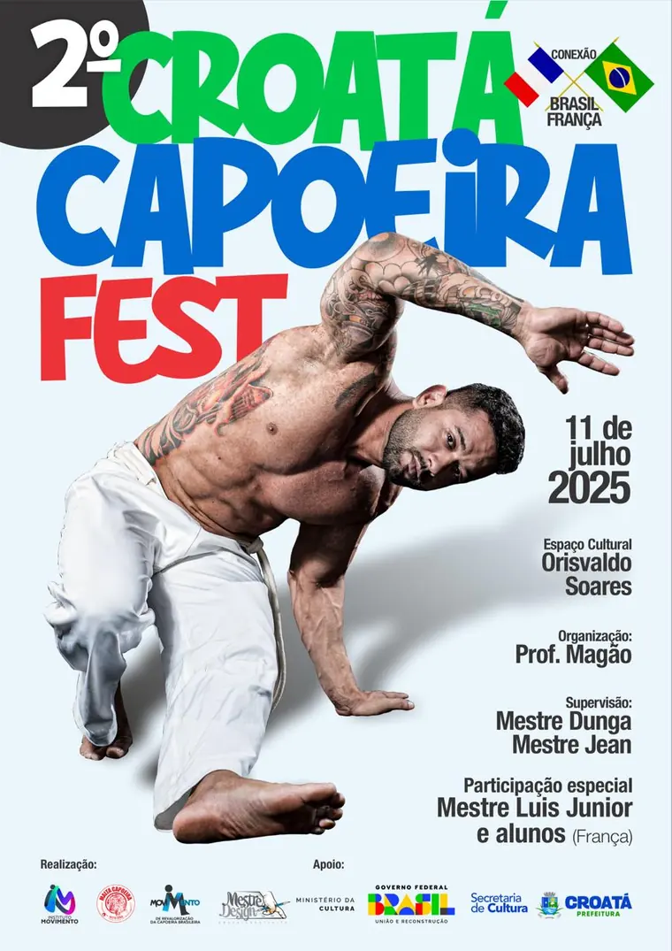 Cartaz do 2º Croatá Capoeira Fest, com capoeirista em movimento acrobático