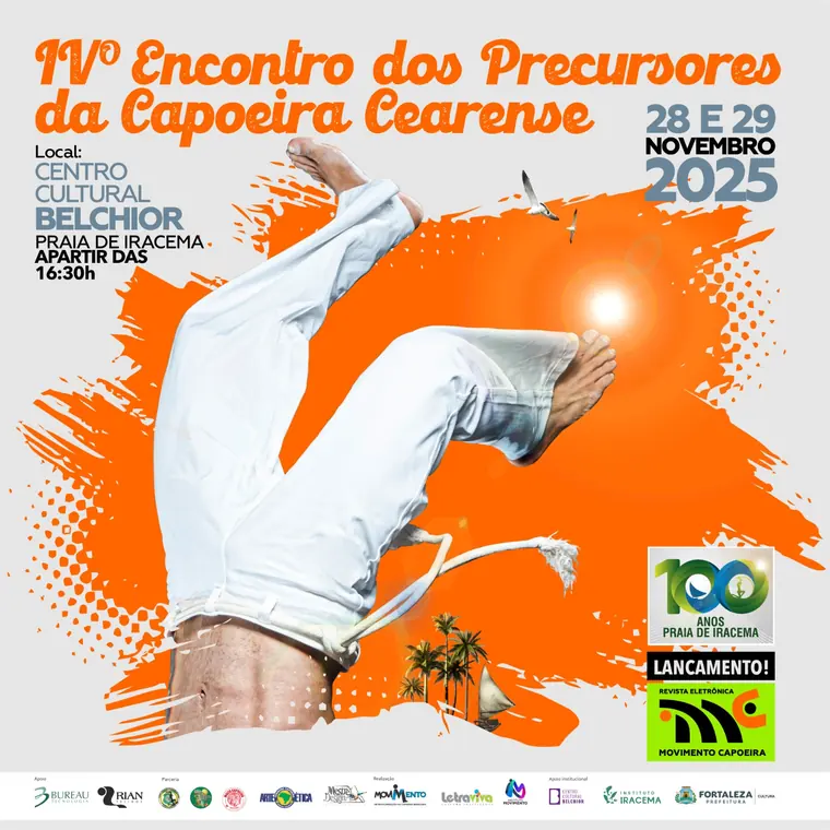 Cartaz ilustrado de um capoeirista saltando, celebrando os 100 anos da Praia de Iracema