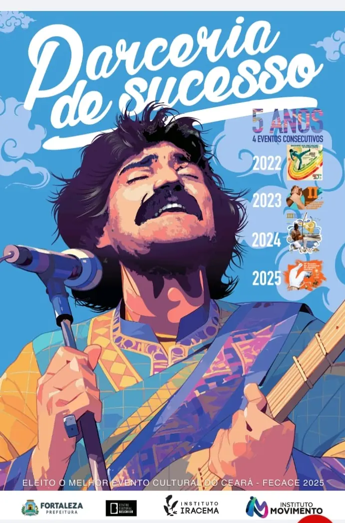 Cartaz ilustrado comemorando 5 anos de parceria, eleito melhor evento cultural do Ceará
