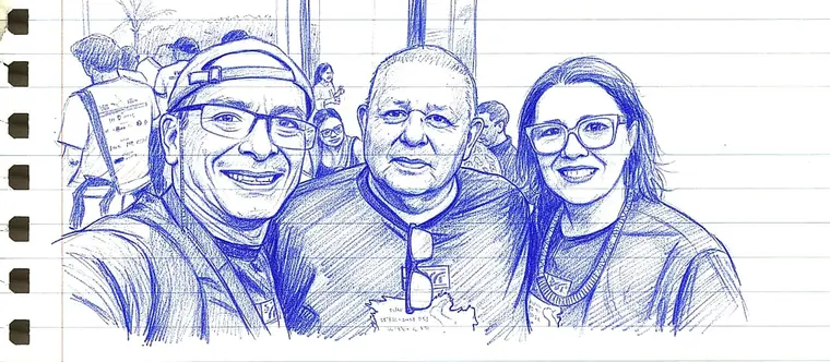 Desenho a lápis de três pessoas sorrindo