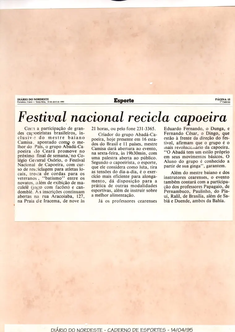 Recorte do Diário do Nordeste de 1995 sobre o Festival Nacional de Capoeira