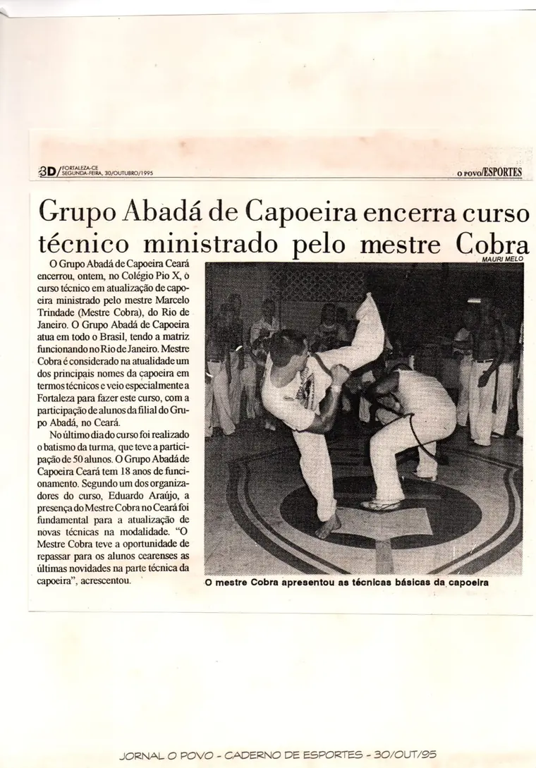 Recorte de O POVO de 1995 sobre curso técnico com o mestre Cobra