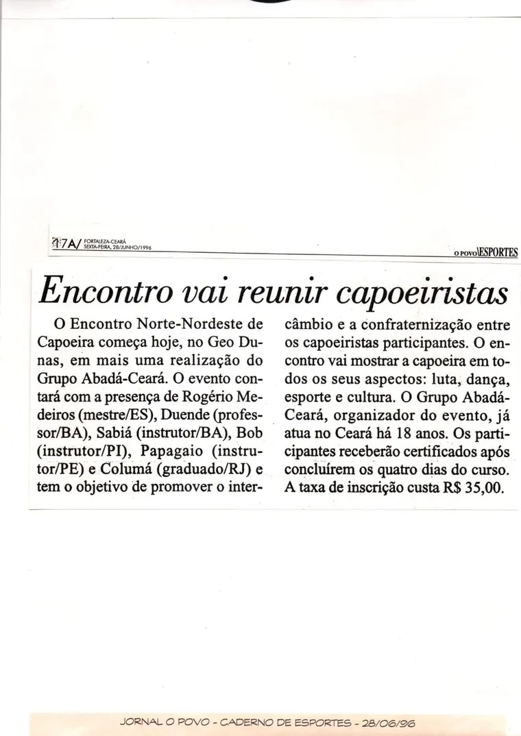 Recorte de O POVO de 1996 sobre encontro de capoeiristas