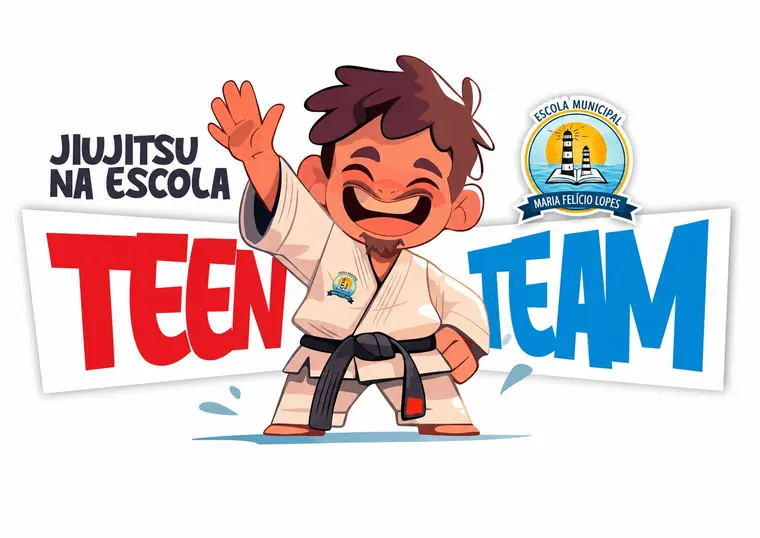 Ilustração de um lutador de jiu-jitsu com o texto Jiujitsu na Escola Teen Team