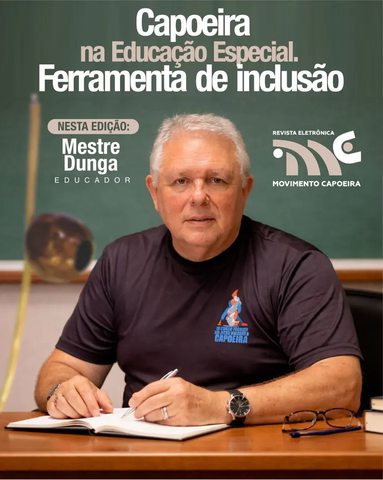 Capa de revista com o Mestre Dunga sobre capoeira na educação especial